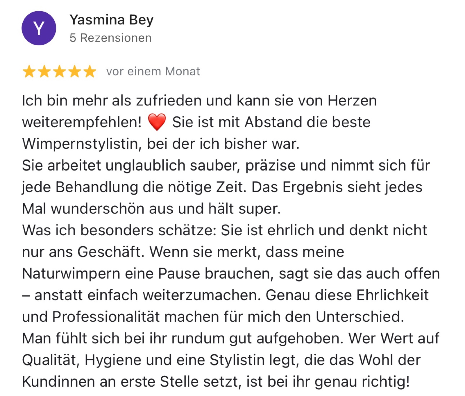 Ausführliche Google-Bewertung über die Wimpernstylistin