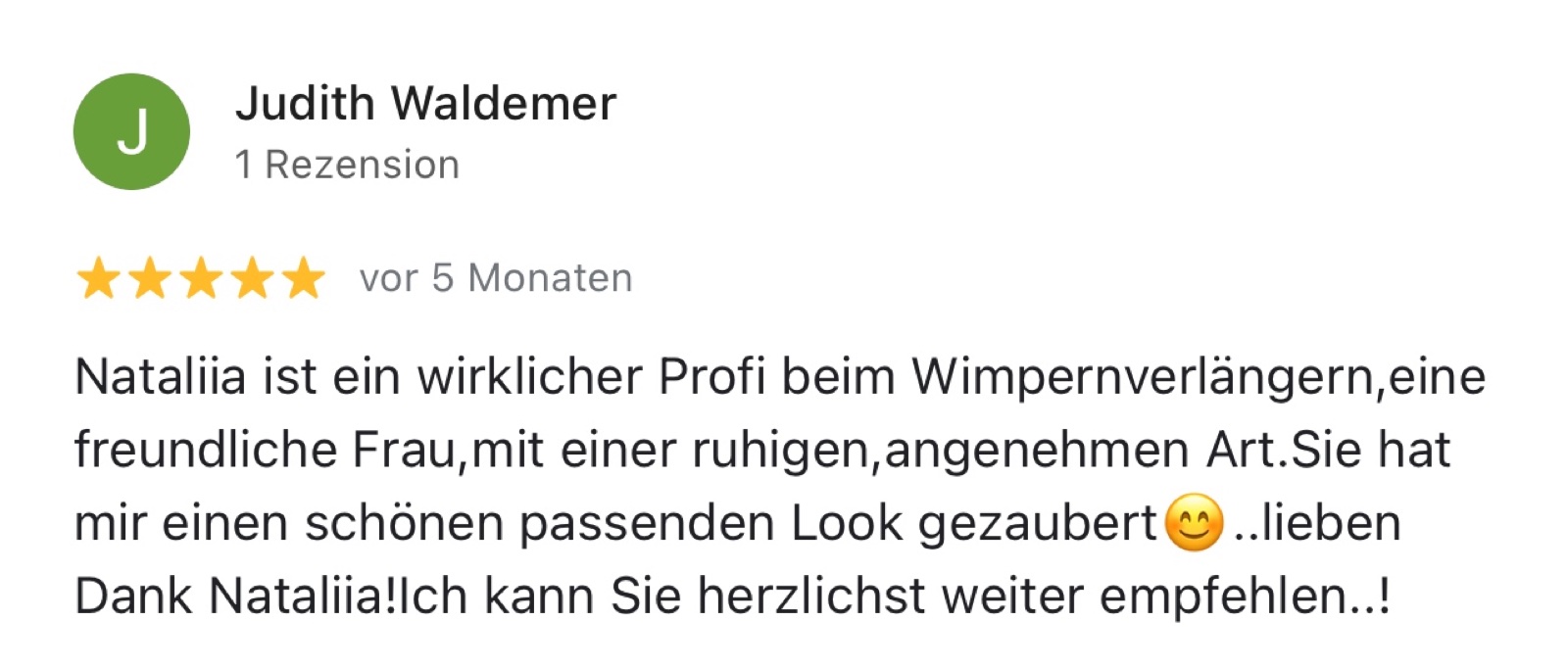 Empfehlung einer Kundin für Wimpernverlängerung