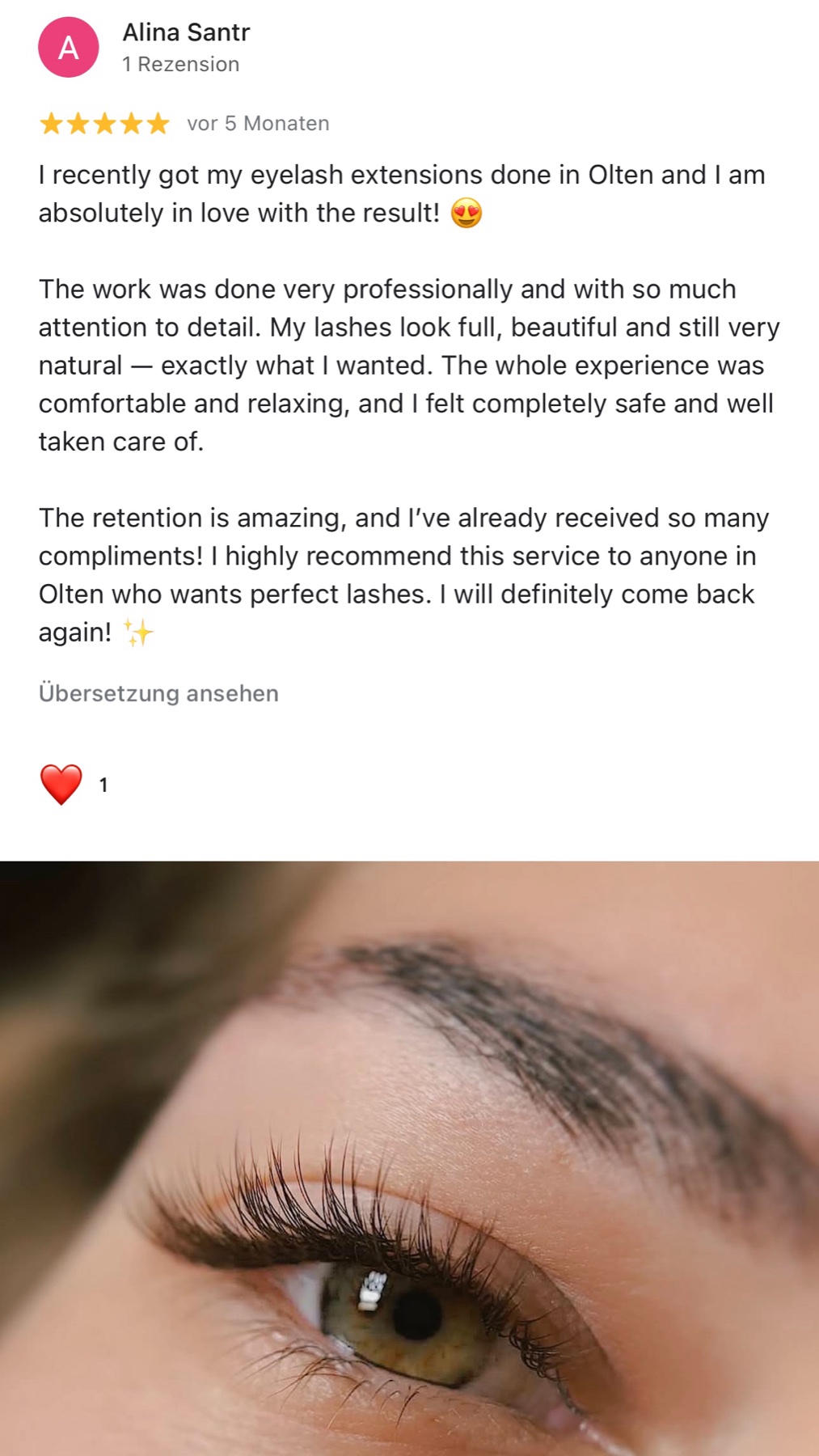 English client review of eyelash extensions with result photo